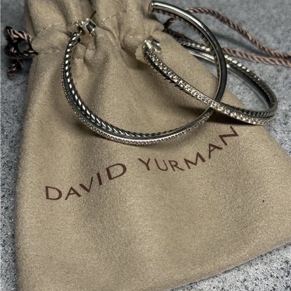 David Yurman Cross Over Hoop Earrings with Sterling Silver and Pave Diamonds